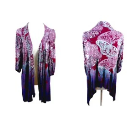 One World, Large, Butterfly Print Wrap, Ruched Sleeves, Blue/Purple/Maroon, Boho - Picture 1 of 16